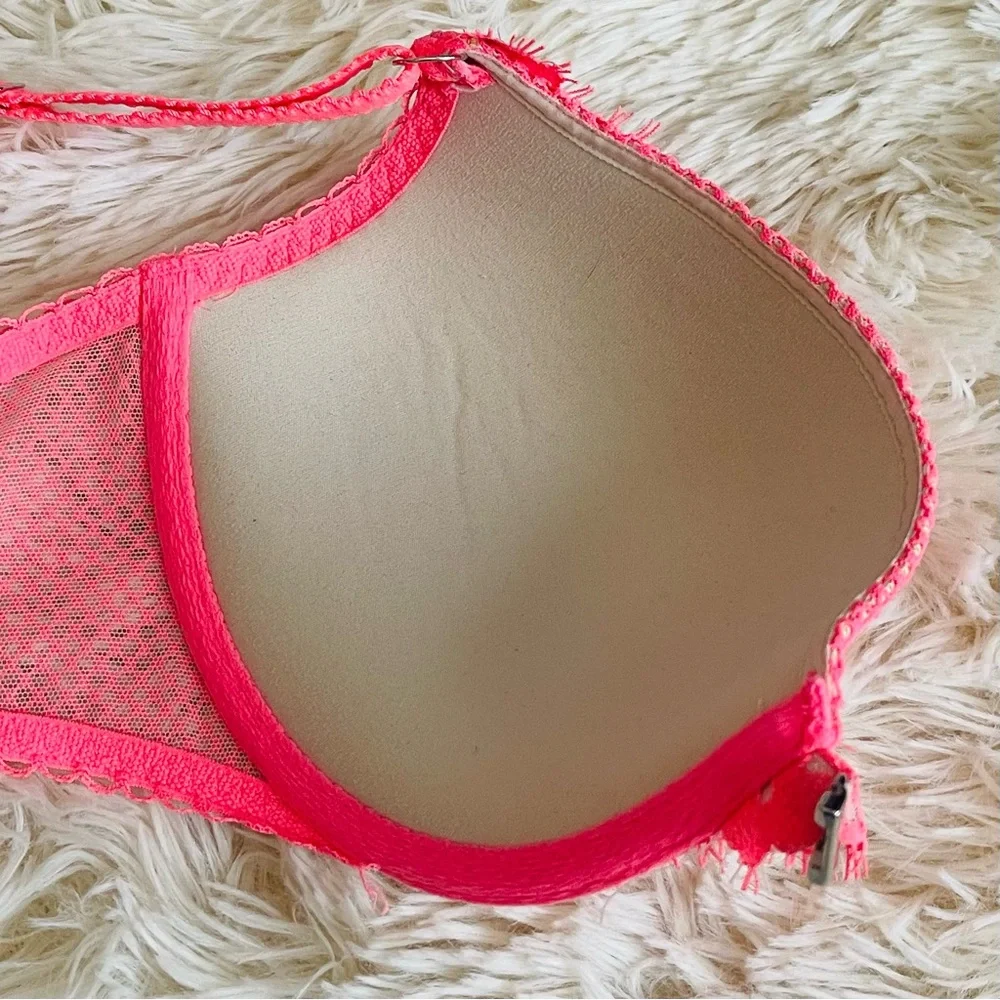 VICTORIAS SECRET Dream Angels Push Up Racerback Fishnet Bra Coral Pink Size 34D